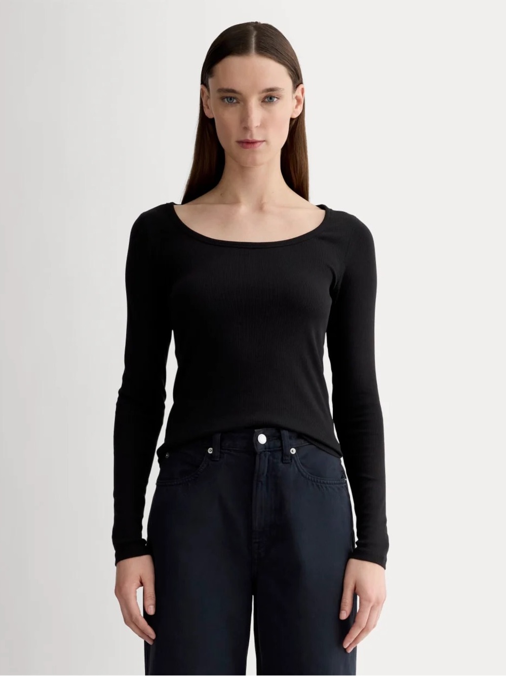 Everlane Black Luxe Ribbed Long Sleeve Scoop Neck Tee T-Shirt Top Size Large